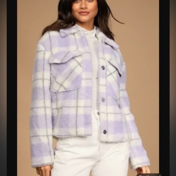 7 For All Mankind Jackets & Blazers - 7 For All Mankind Plaid Purple and Cream Teddy Trucker Jacket Small